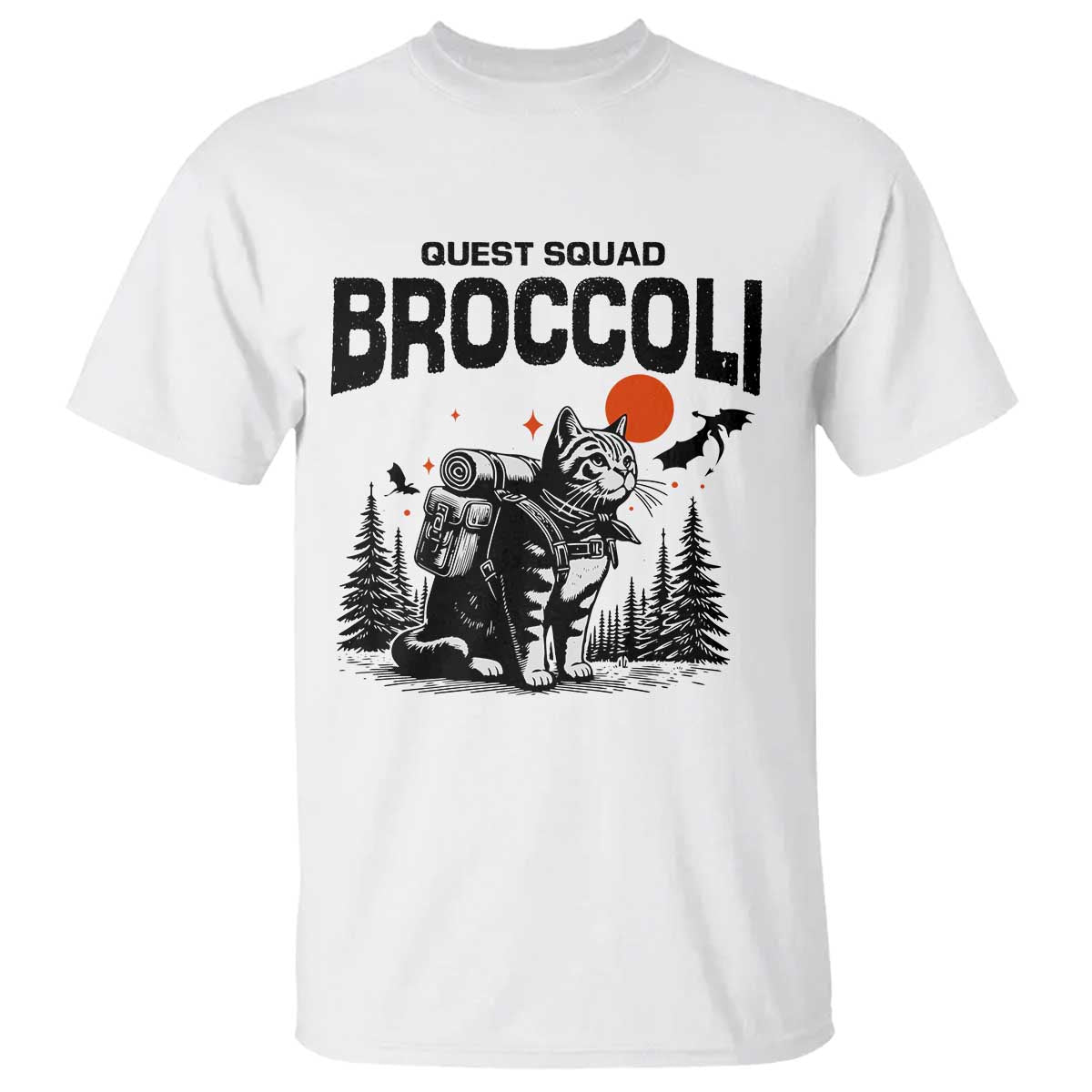 Quest Squad Broccoli Cat T Shirt Funny Hiking Adventure Cute Camping Feline TS02 White Print Your Wear