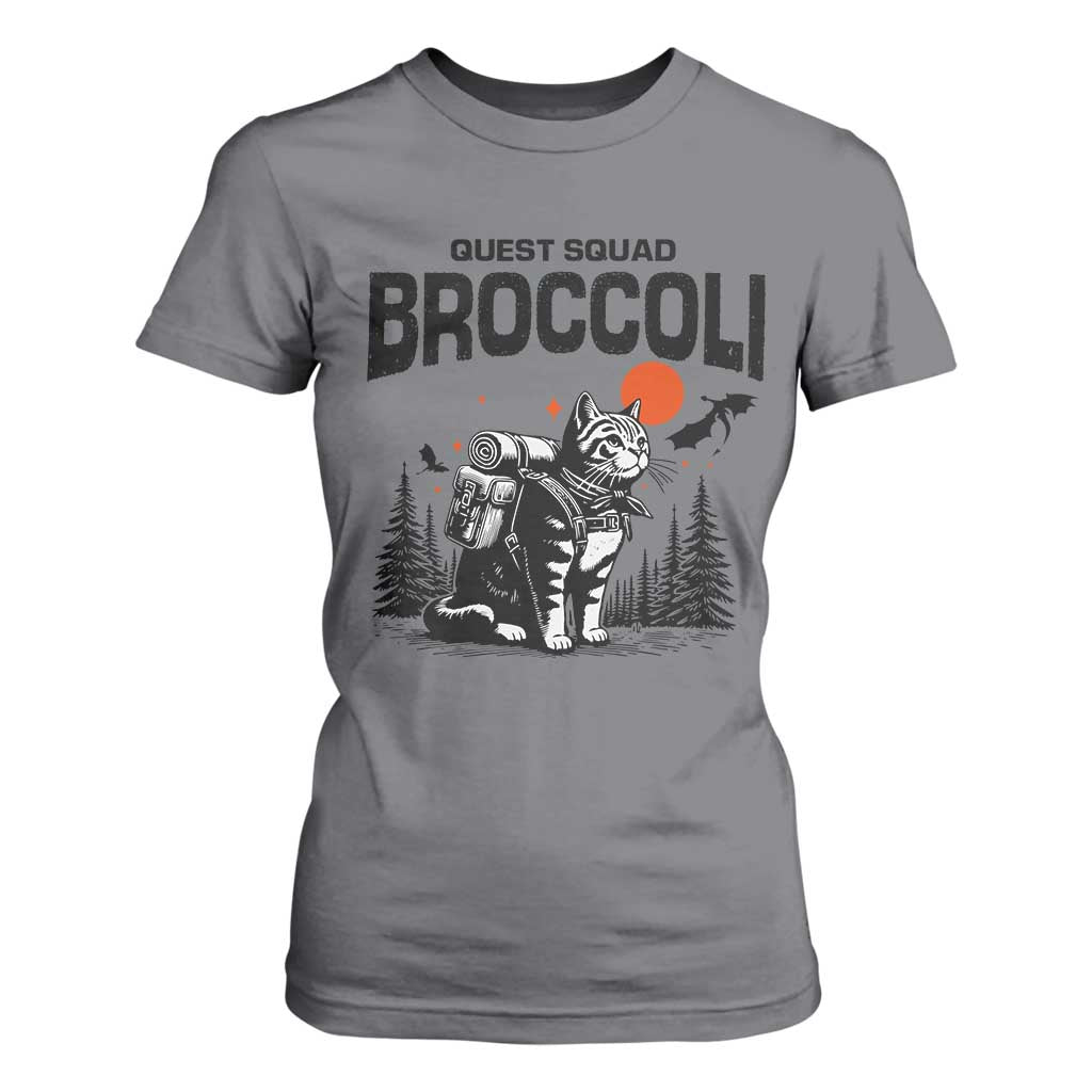 Quest Squad Broccoli Cat T Shirt For Women Funny Hiking Adventure Cute Camping Feline TS02 Charcoal Print Your Wear
