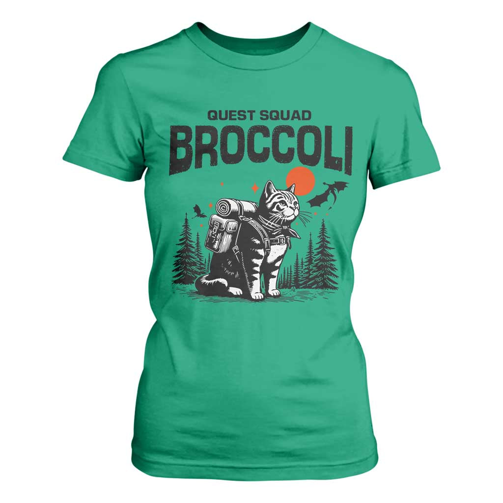 Quest Squad Broccoli Cat T Shirt For Women Funny Hiking Adventure Cute Camping Feline TS02 Irish Green Print Your Wear