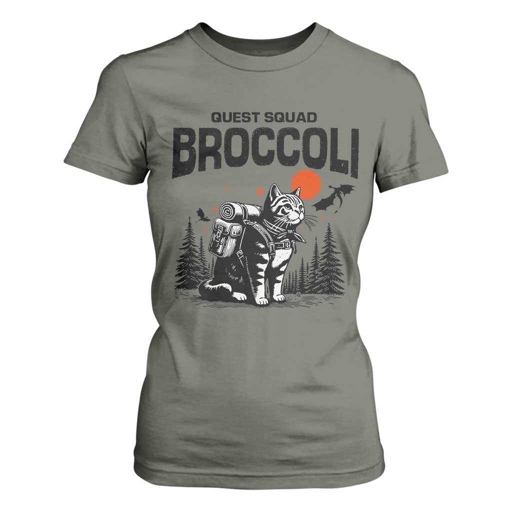 Quest Squad Broccoli Cat T Shirt For Women Funny Hiking Adventure Cute Camping Feline TS02 Military Green Print Your Wear
