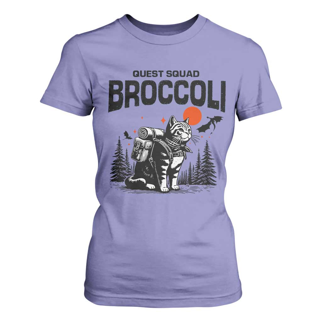 Quest Squad Broccoli Cat T Shirt For Women Funny Hiking Adventure Cute Camping Feline TS02 Violet Print Your Wear