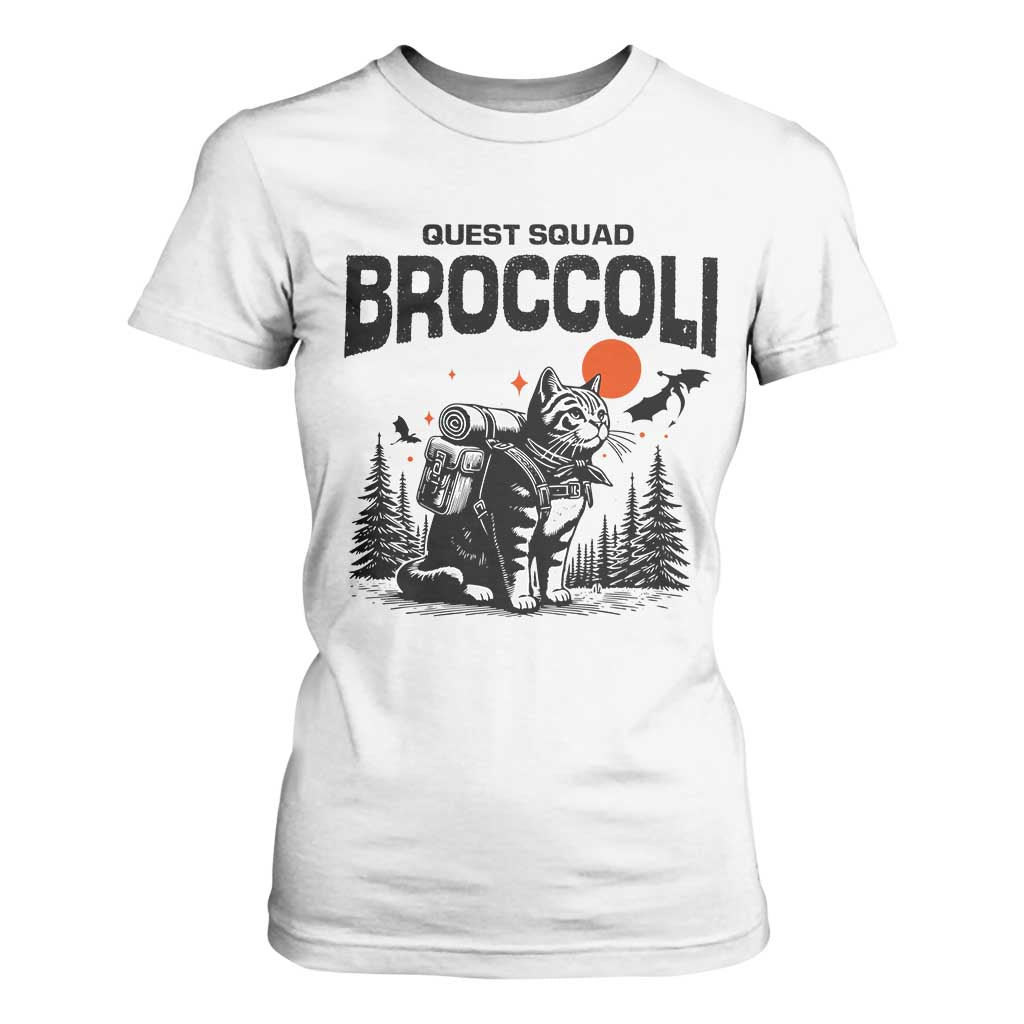 Quest Squad Broccoli Cat T Shirt For Women Funny Hiking Adventure Cute Camping Feline TS02 White Print Your Wear