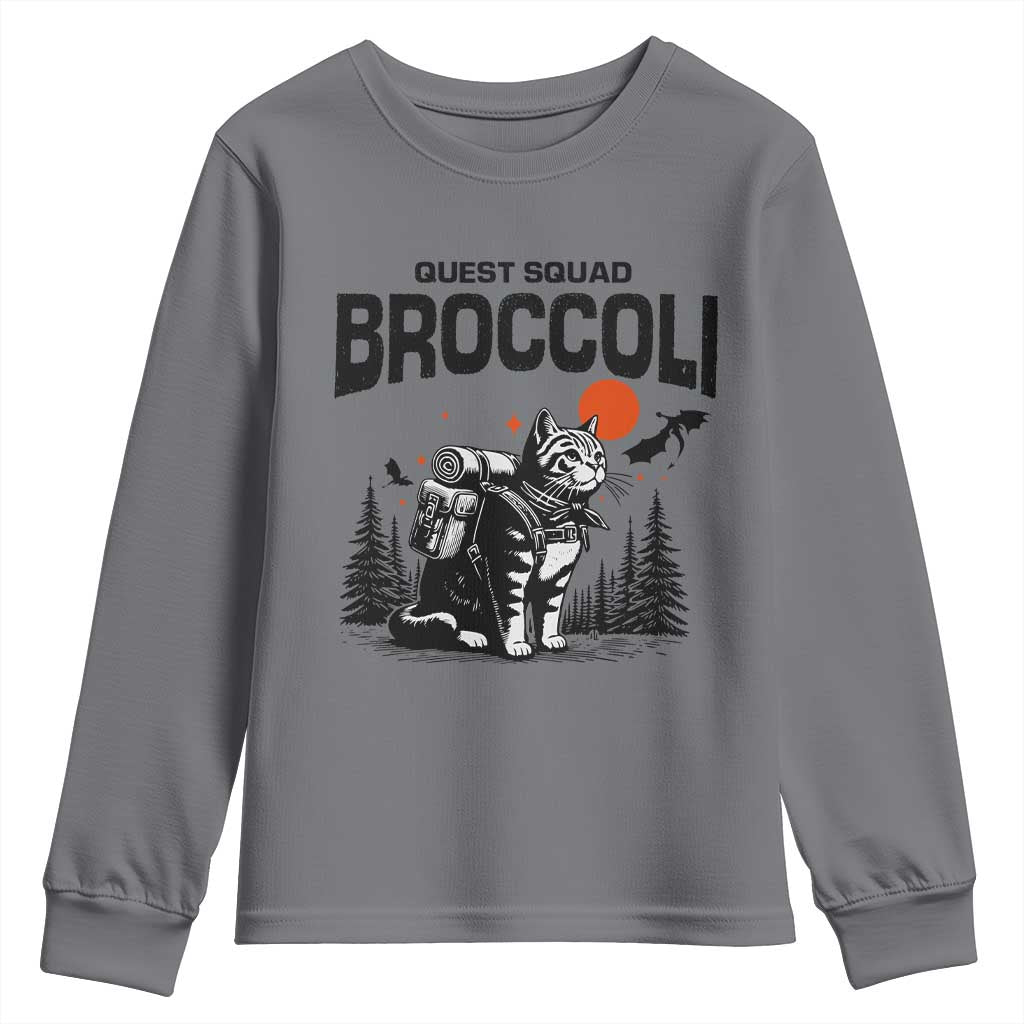 Quest Squad Broccoli Cat Youth Sweatshirt Funny Hiking Adventure Cute Camping Feline TS02 Charcoal Print Your Wear