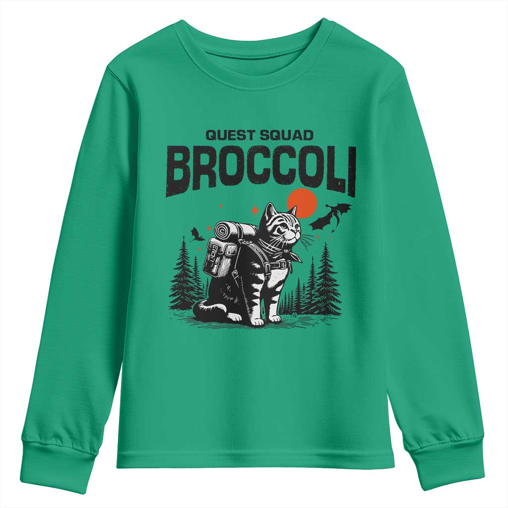 Quest Squad Broccoli Cat Youth Sweatshirt Funny Hiking Adventure Cute Camping Feline TS02 Irish Green Print Your Wear