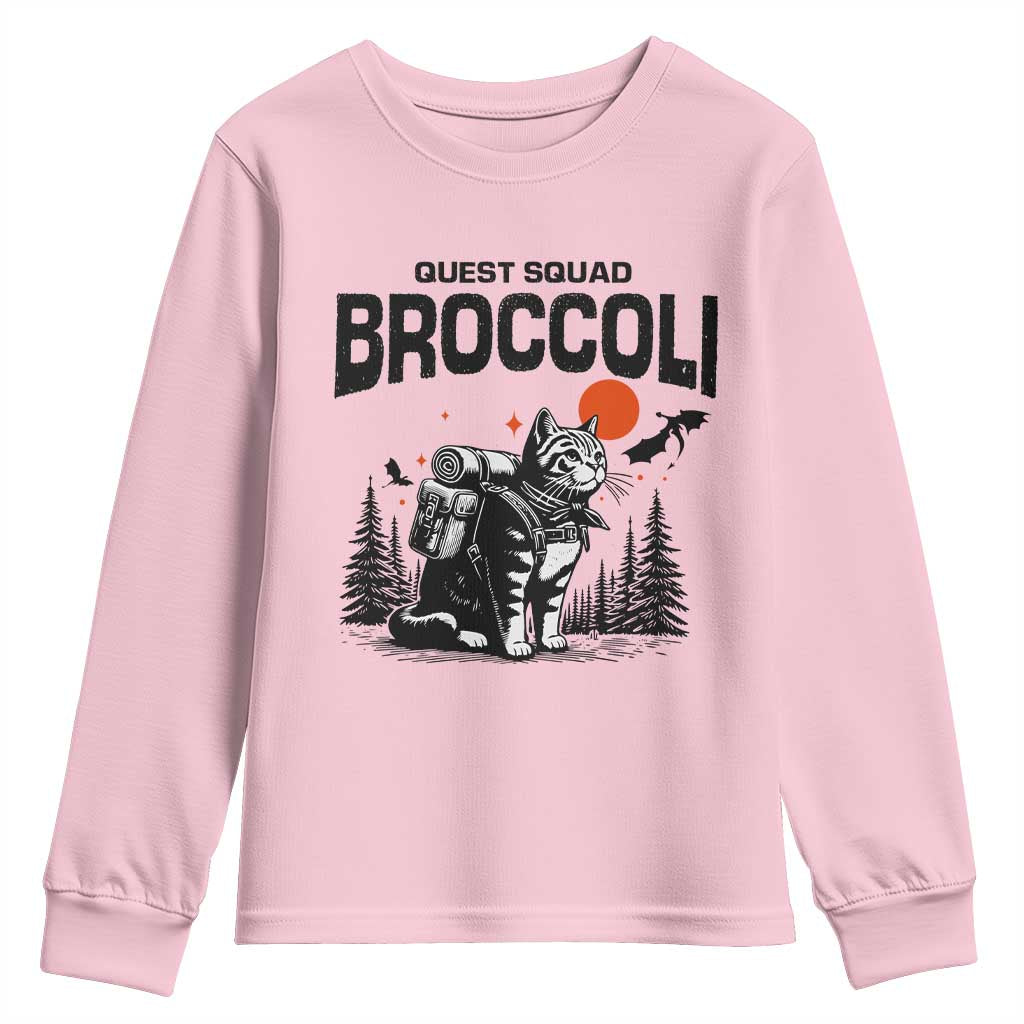 Quest Squad Broccoli Cat Youth Sweatshirt Funny Hiking Adventure Cute Camping Feline TS02 Light Pink Print Your Wear