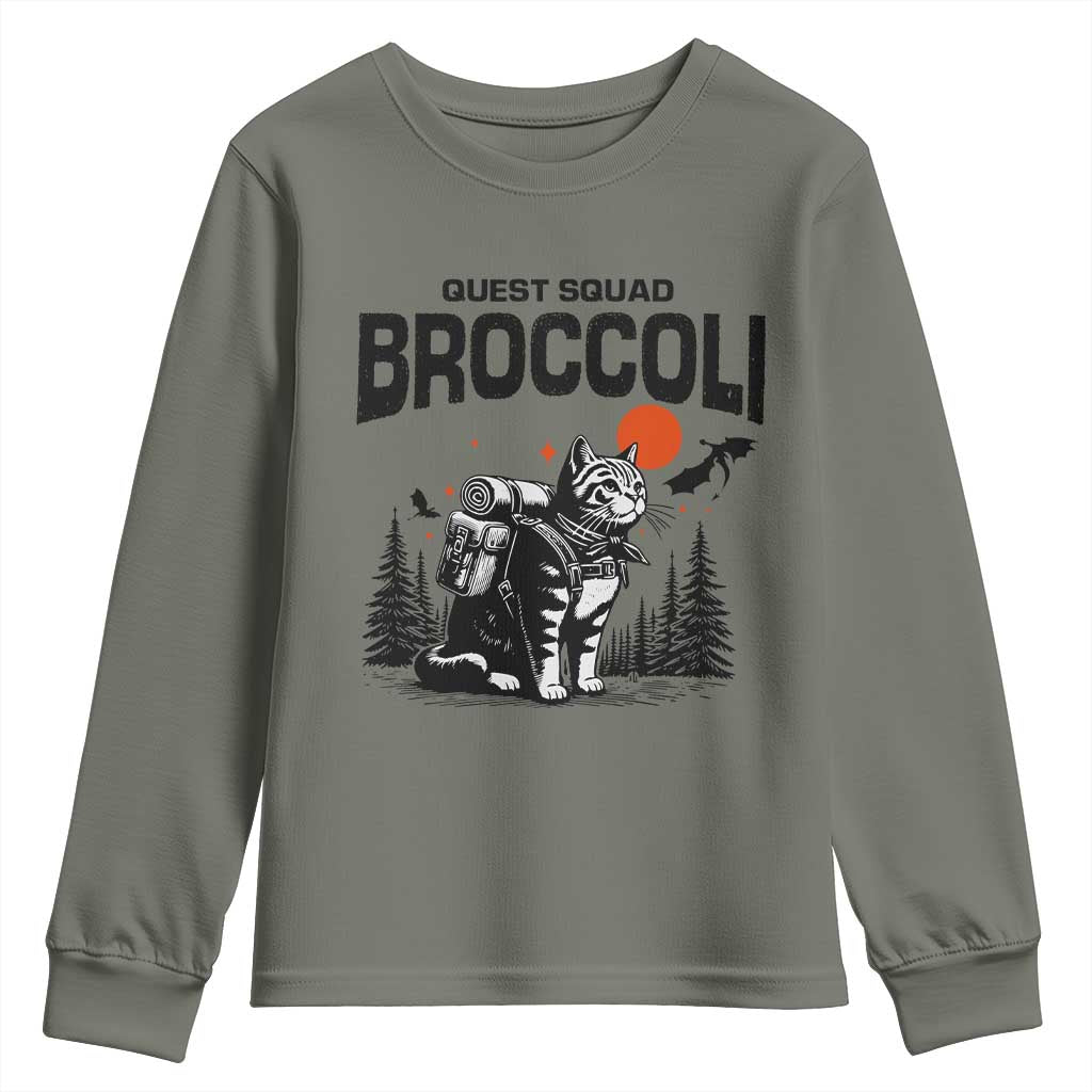 Quest Squad Broccoli Cat Youth Sweatshirt Funny Hiking Adventure Cute Camping Feline TS02 Military Green Print Your Wear