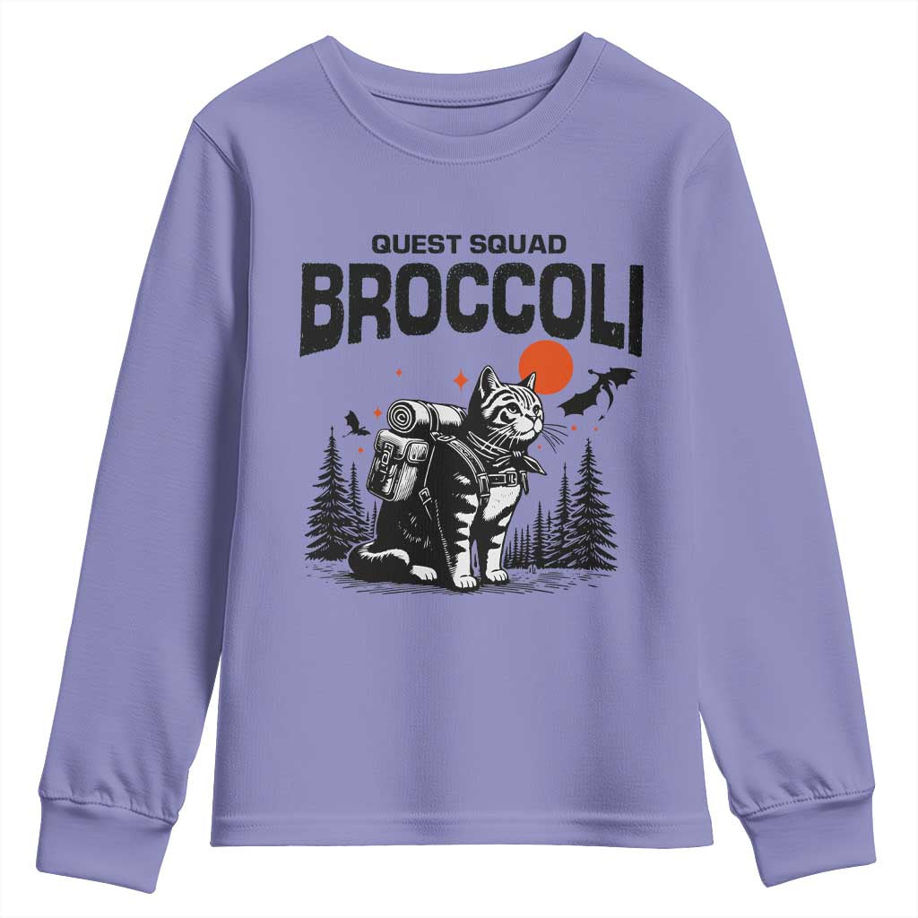 Quest Squad Broccoli Cat Youth Sweatshirt Funny Hiking Adventure Cute Camping Feline TS02 Violet Print Your Wear