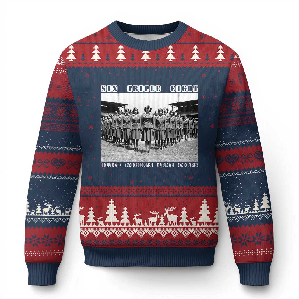 6 Triple 8 Ugly Christmas Sweater Black Women's Army Corps 6888th Battalion TS02 Navy Red Print Your Wear