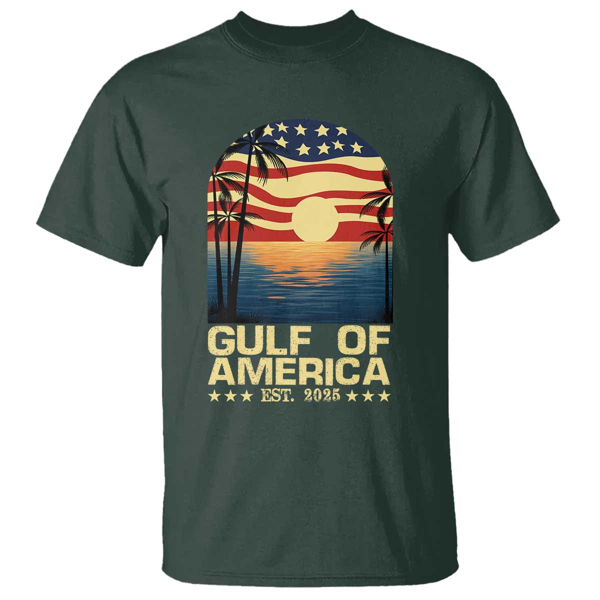 Gulf Of USA T Shirt Est 2025 American Flag Retro TS02 Dark Forest Green Print Your Wear