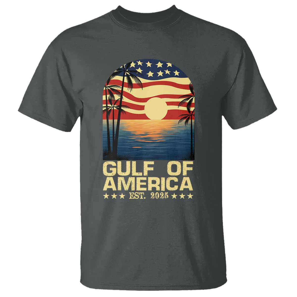 Gulf Of USA T Shirt Est 2025 American Flag Retro TS02 Dark Heather Print Your Wear