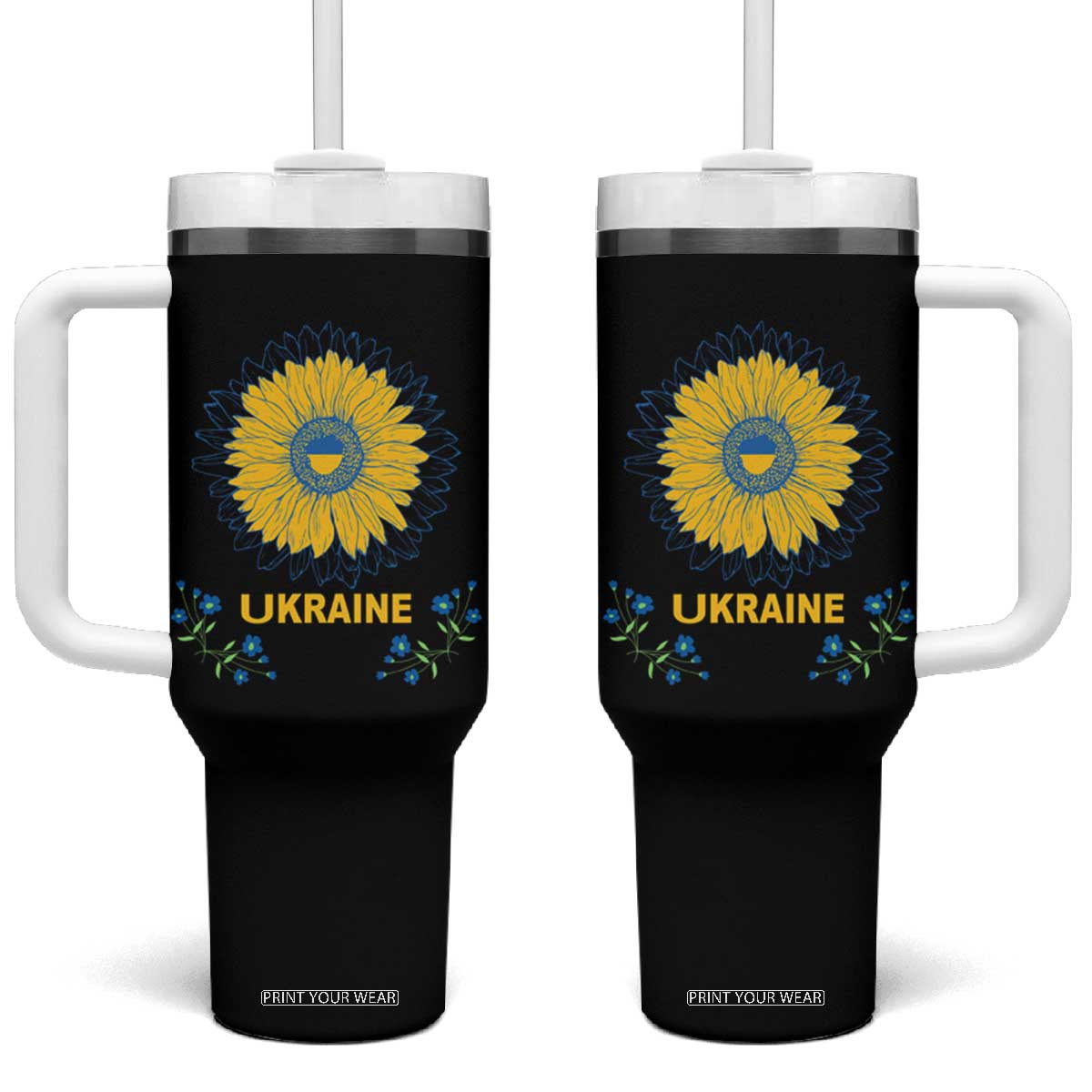 Ukraine Sunflower Tumbler With Handle Ukrainian Flag TS02 One Size: 40 oz Black Print Your Wear