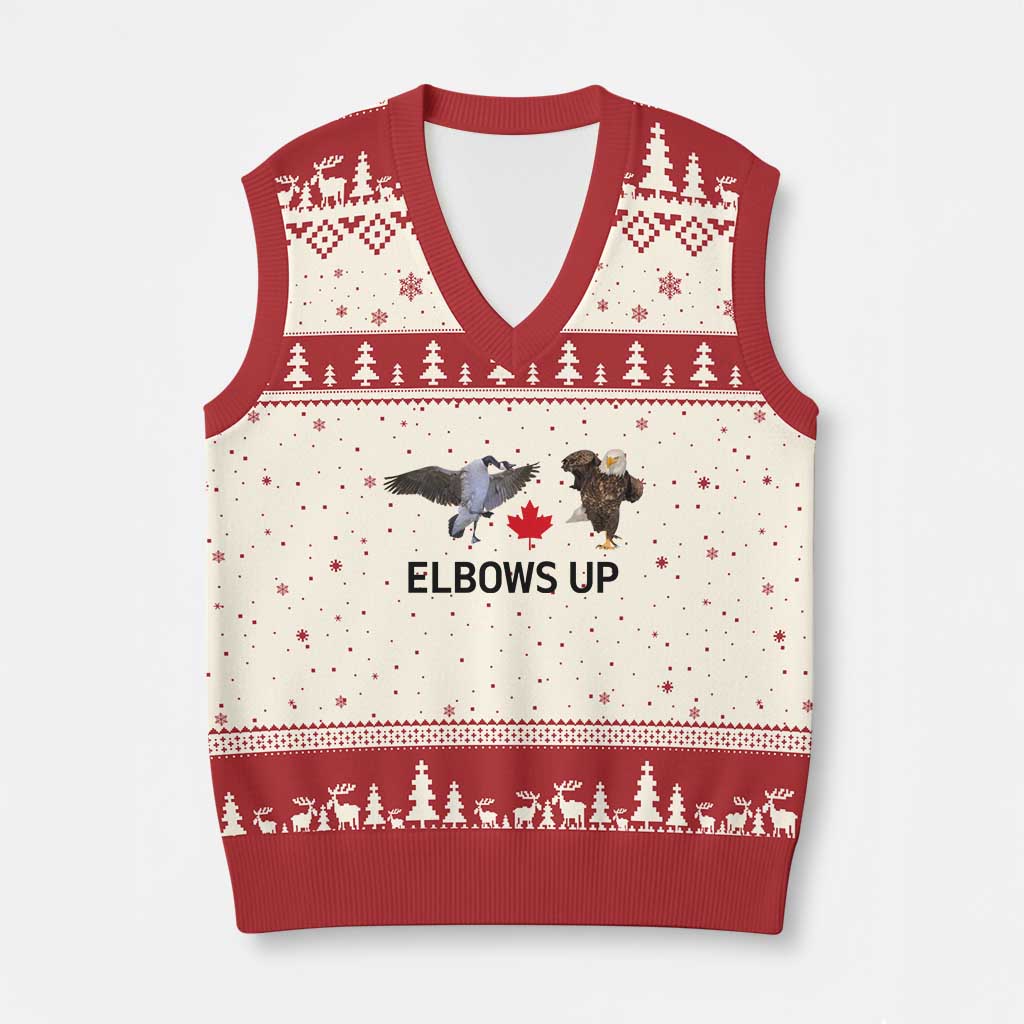 Elbows Up V-Neck Knit Sweater Vest Canada Goose Vs Eagle Maple Leaf TS02 Beige Red Print Your Wear