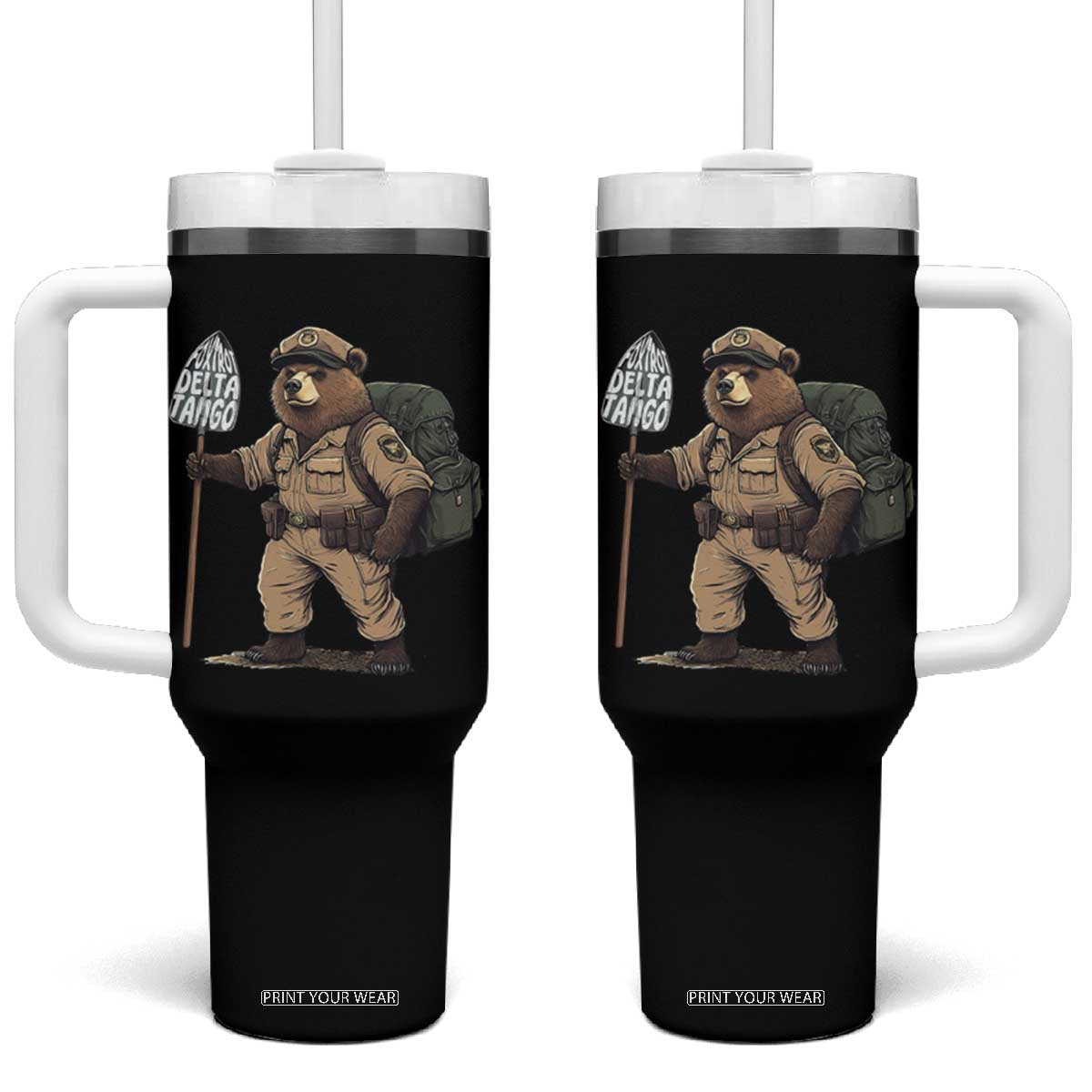 Foxtrot Delta Tango Resist Bear Tumbler With Handle TS02 One Size: 40 oz Black Print Your Wear