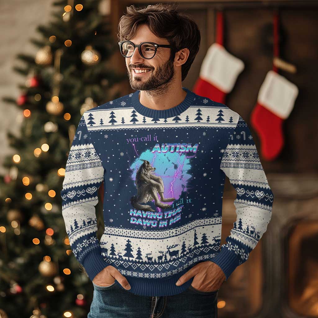 Funny Autistic Alpha Wolf Meme Ugly Christmas Sweater You Call It Autism I Call It Having That Dawg In Me TS02 Navy Beige Print Your Wear