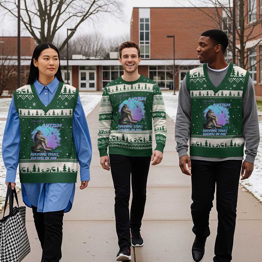 Funny Autistic Alpha Wolf Meme V-Neck Knit Sweater Vest You Call It Autism I Call It Having That Dawg In Me TS02 Forest Green Beige Print Your Wear