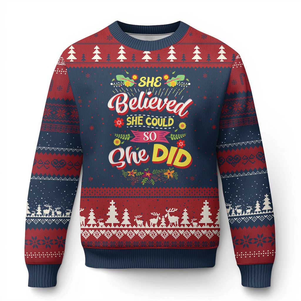 She Believed She Could So She Did Ugly Christmas Sweater TS02 Navy Red Print Your Wear