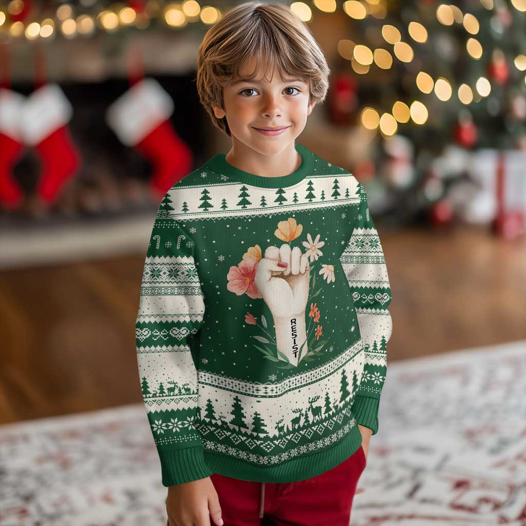 Empowered Women Ugly Christmas Sweater Resist Raised Fist Retro Boho TS02 Forest Green Beige Print Your Wear