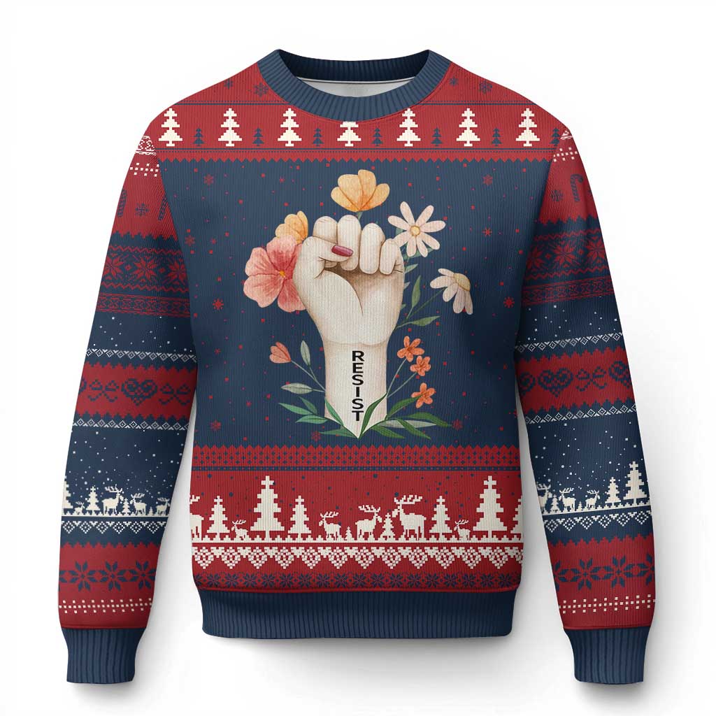 Empowered Women Ugly Christmas Sweater Resist Raised Fist Retro Boho TS02 Navy Red Print Your Wear