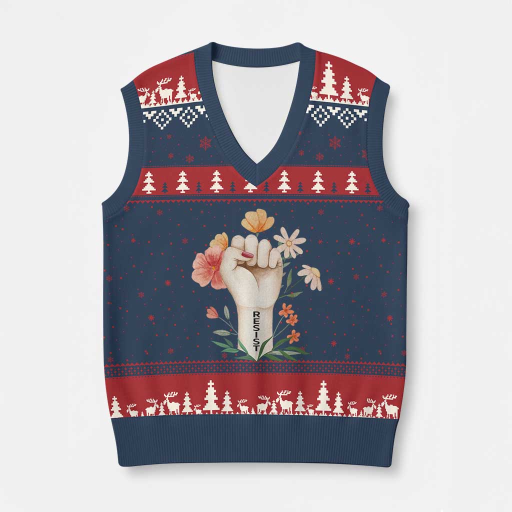 Empowered Women V-Neck Knit Sweater Vest Resist Raised Fist Retro Boho TS02 Navy Red Print Your Wear