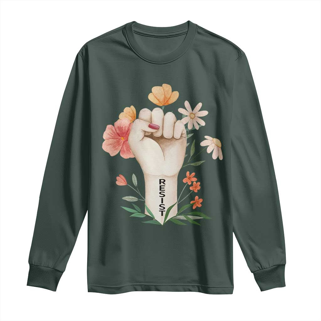 Empowered Women Long Sleeve Shirt Resist Raised Fist Retro Boho TS02 Dark Forest Green Print Your Wear
