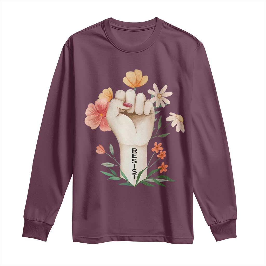 Empowered Women Long Sleeve Shirt Resist Raised Fist Retro Boho TS02 Maroon Print Your Wear