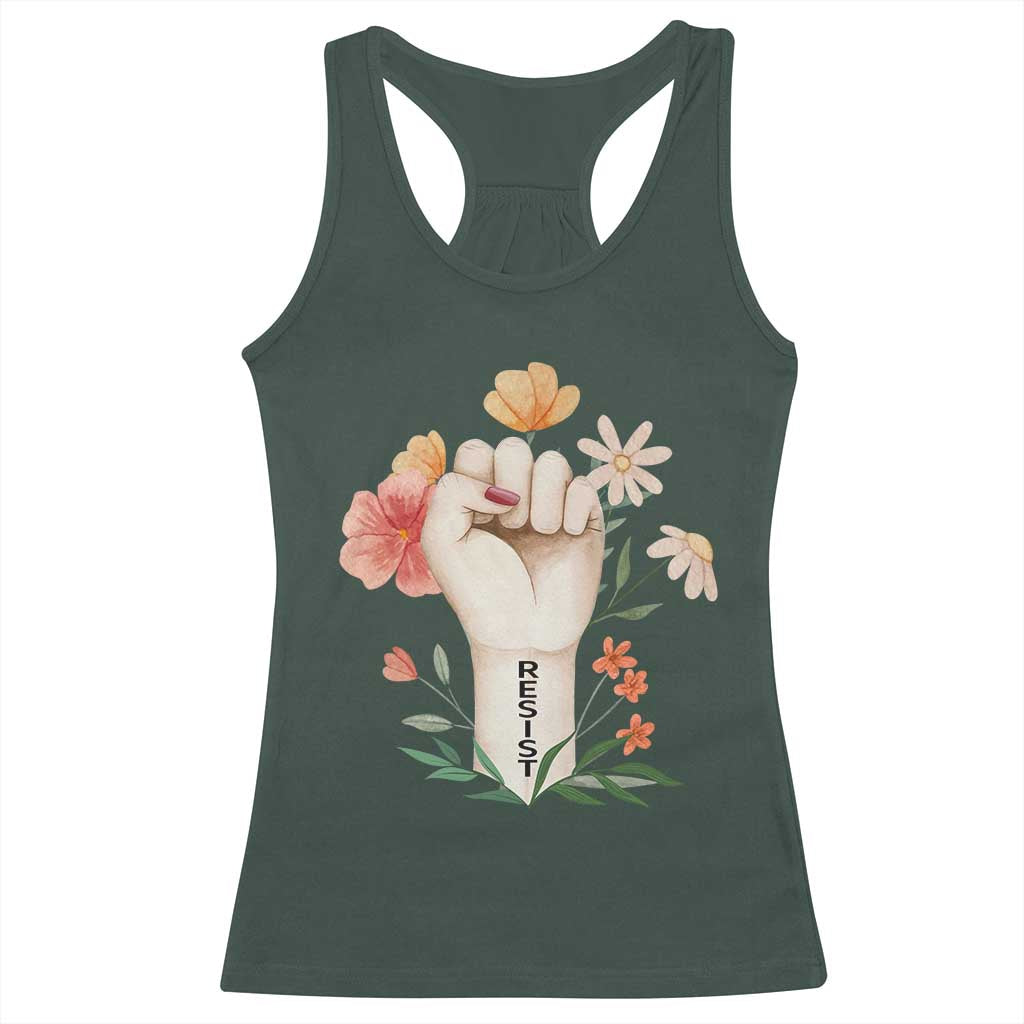 Empowered Women Racerback Tank Top Resist Raised Fist Retro Boho TS02 Dark Forest Green Print Your Wear