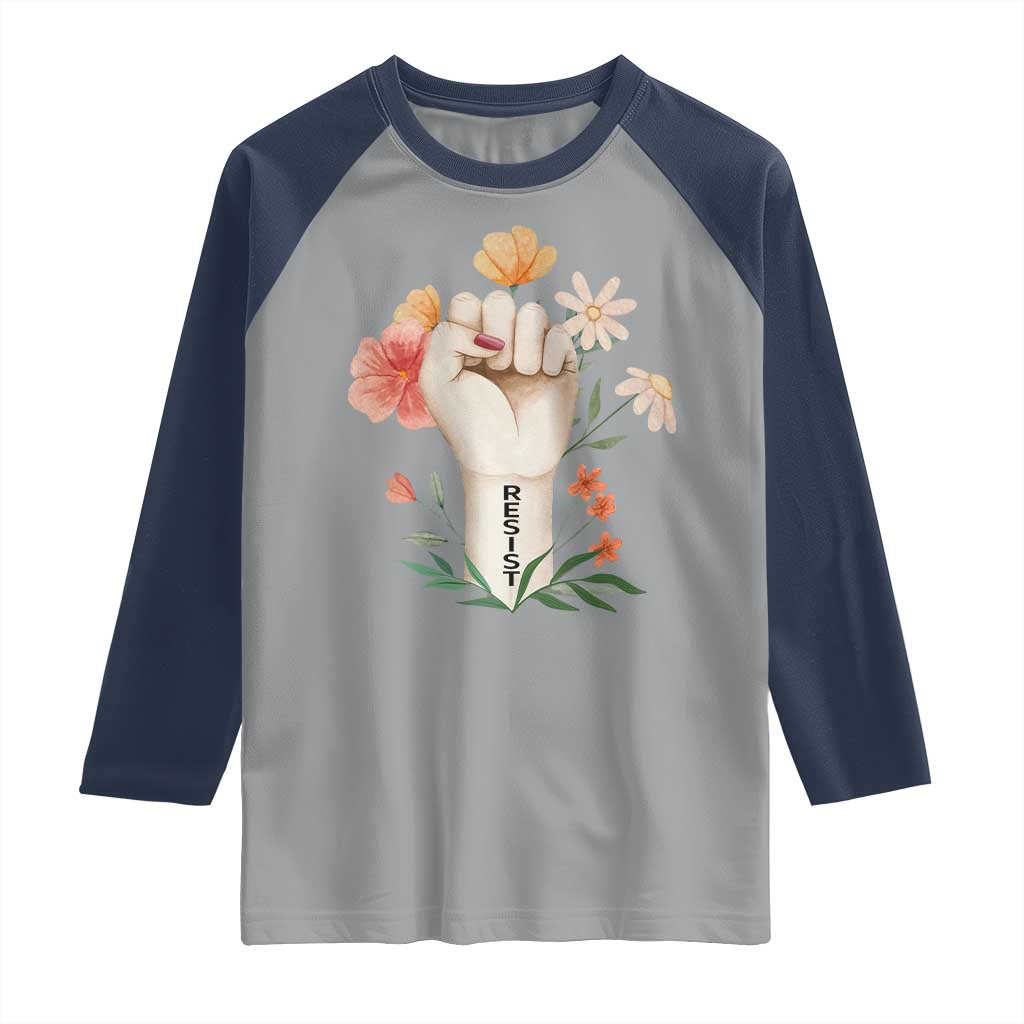 Empowered Women Raglan Shirt Resist Raised Fist Retro Boho TS02 Sport Gray Navy Print Your Wear