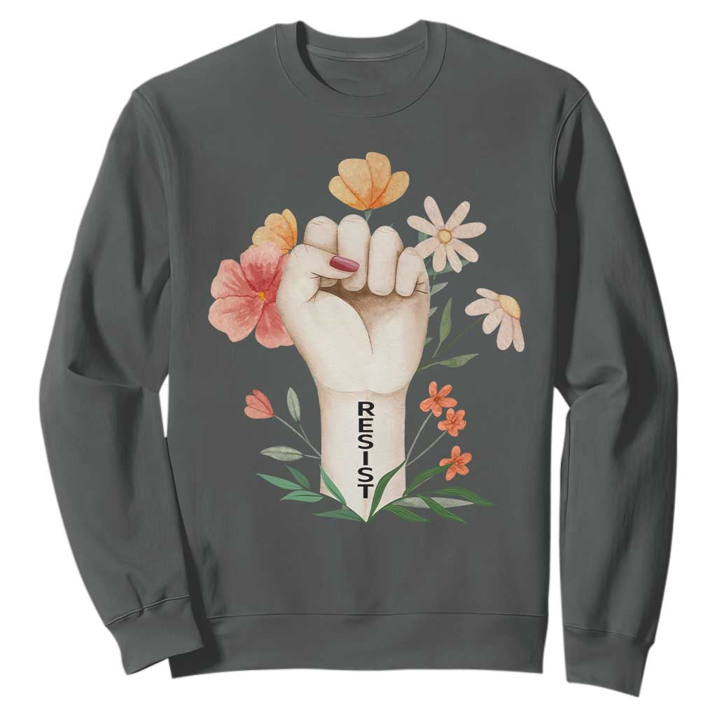 Empowered Women Sweatshirt Resist Raised Fist Retro Boho TS02 Dark Heather Print Your Wear