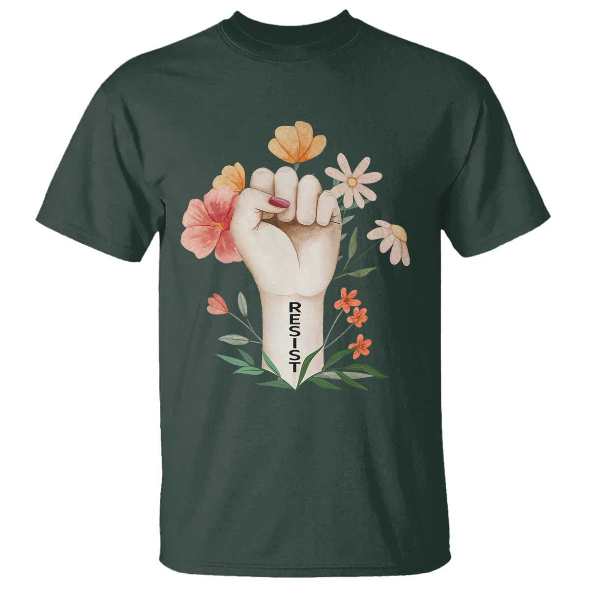 Empowered Women T Shirt Resist Raised Fist Retro Boho TS02 Dark Forest Green Print Your Wear