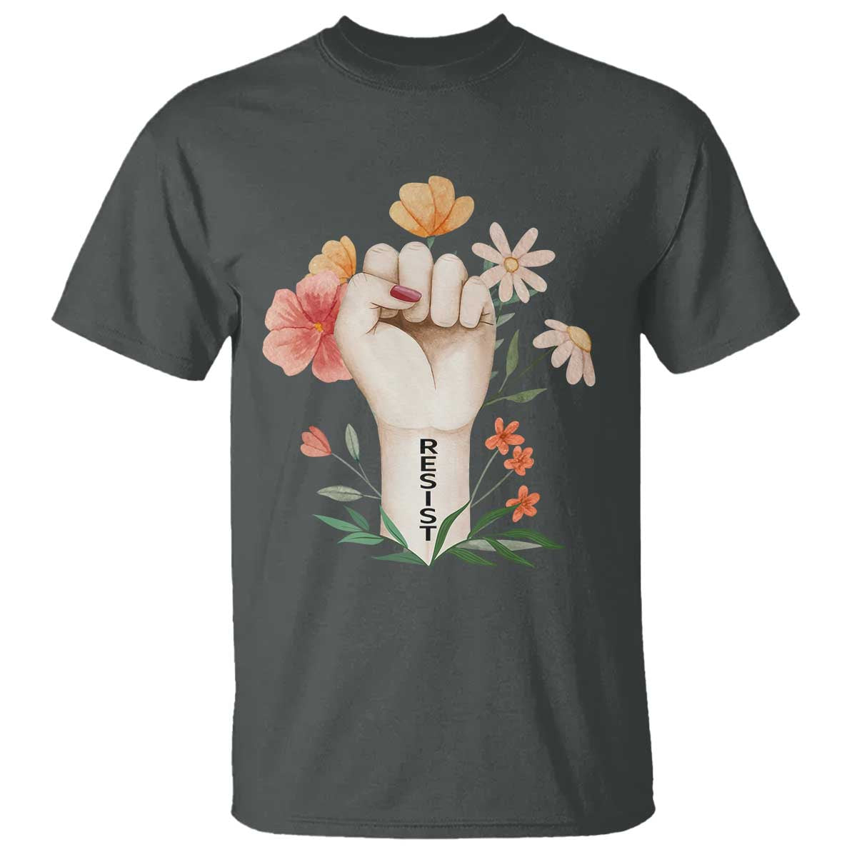 Empowered Women T Shirt Resist Raised Fist Retro Boho TS02 Dark Heather Print Your Wear