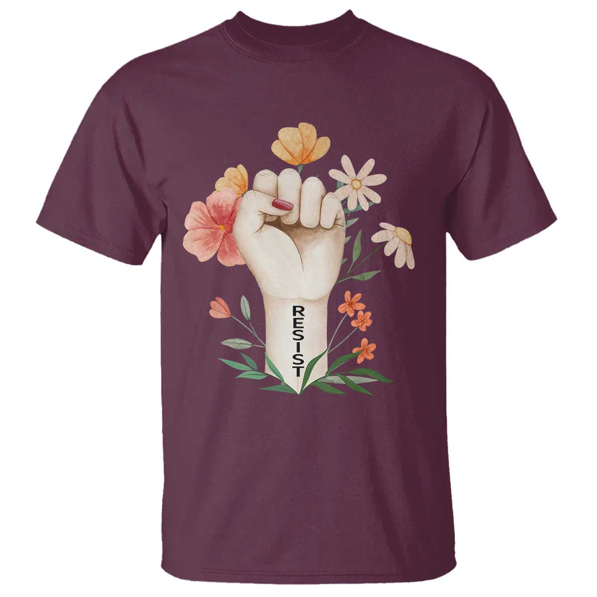 Empowered Women T Shirt Resist Raised Fist Retro Boho TS02 Maroon Print Your Wear