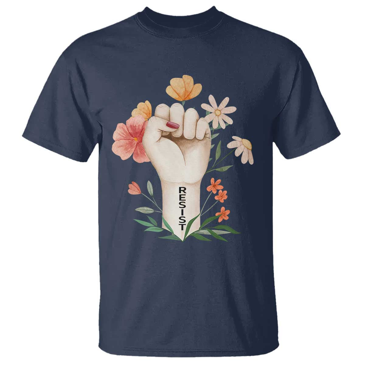 Empowered Women T Shirt Resist Raised Fist Retro Boho TS02 Navy Print Your Wear