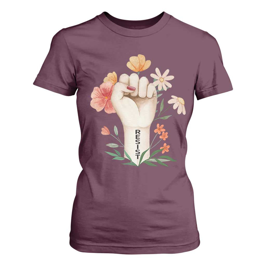 Empowered Women T Shirt For Women Resist Raised Fist Retro Boho TS02 Maroon Print Your Wear