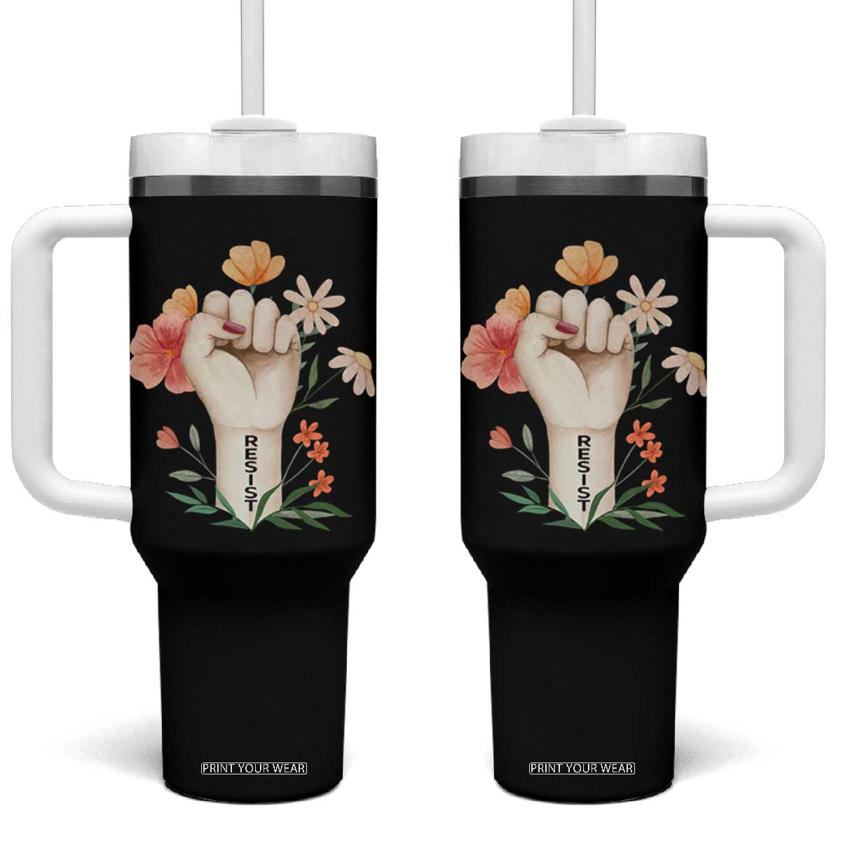 Empowered Women Tumbler With Handle Resist Raised Fist Retro Boho TS02 One Size: 40 oz Black Print Your Wear
