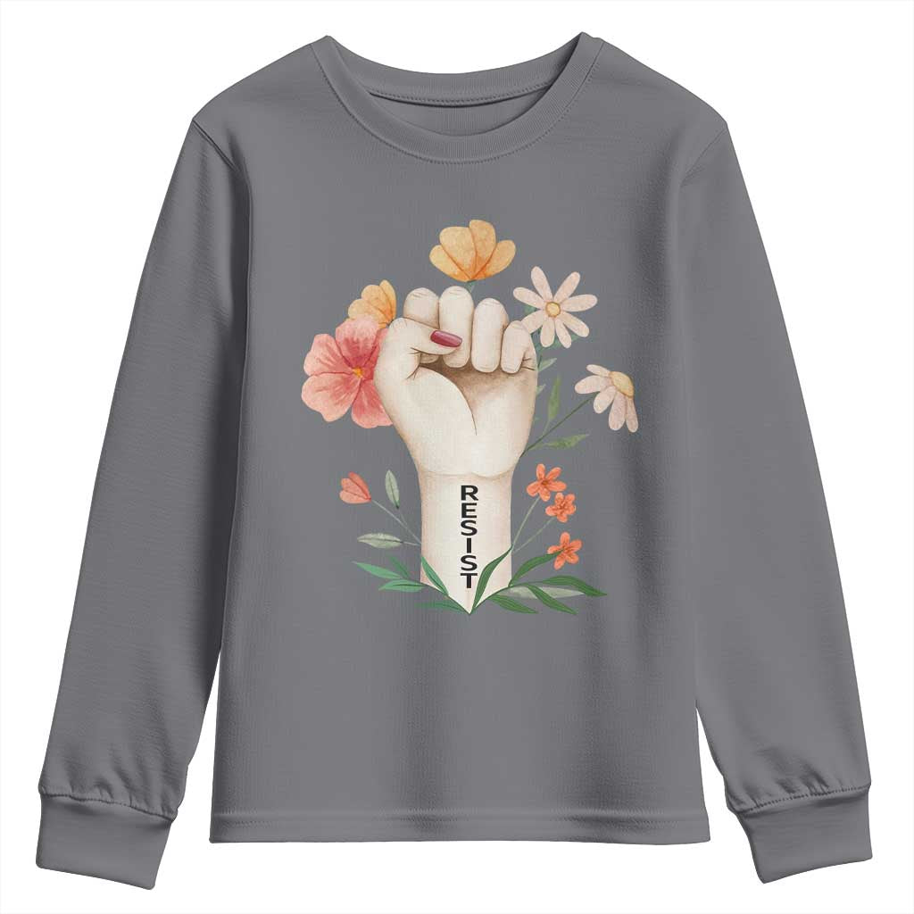 Empowered Women Youth Sweatshirt Resist Raised Fist Retro Boho TS02 Charcoal Print Your Wear