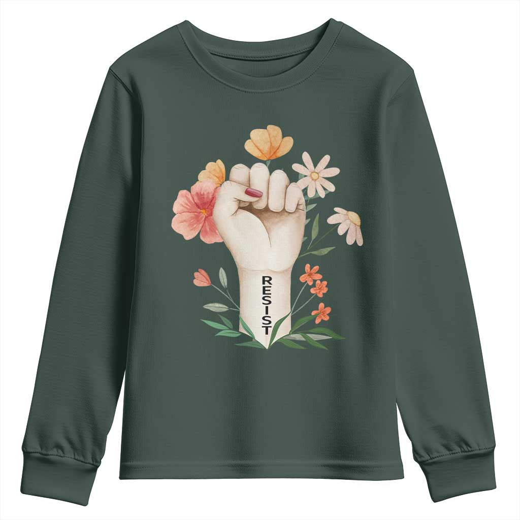 Empowered Women Youth Sweatshirt Resist Raised Fist Retro Boho TS02 Dark Forest Green Print Your Wear