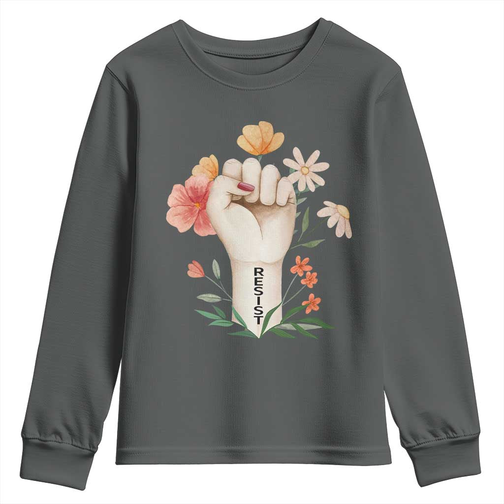Empowered Women Youth Sweatshirt Resist Raised Fist Retro Boho TS02 Dark Heather Print Your Wear