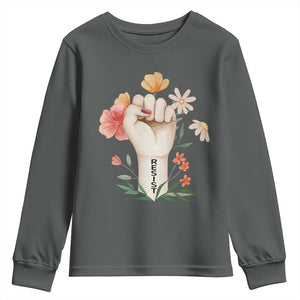 Empowered Women Youth Sweatshirt Resist Raised Fist Retro Boho TS02 Dark Heather Print Your Wear