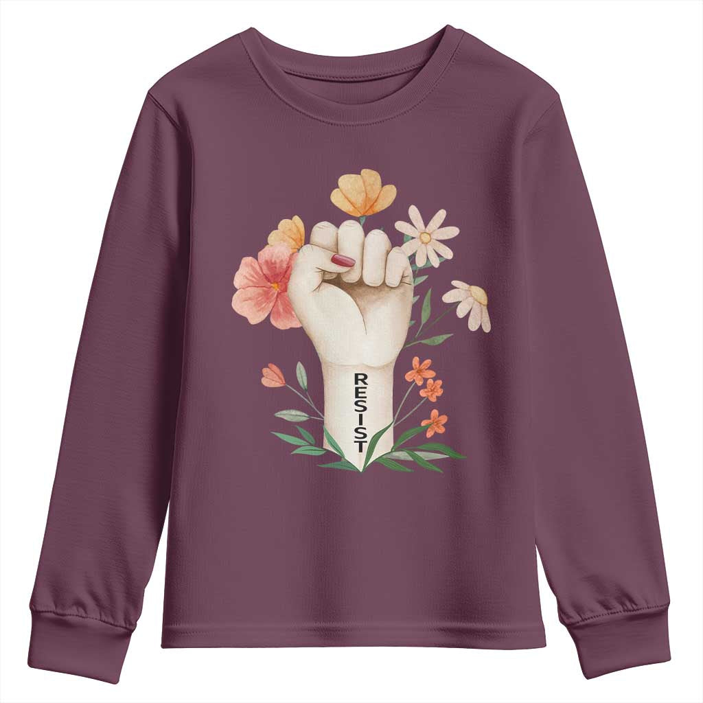 Empowered Women Youth Sweatshirt Resist Raised Fist Retro Boho TS02 Maroon Print Your Wear