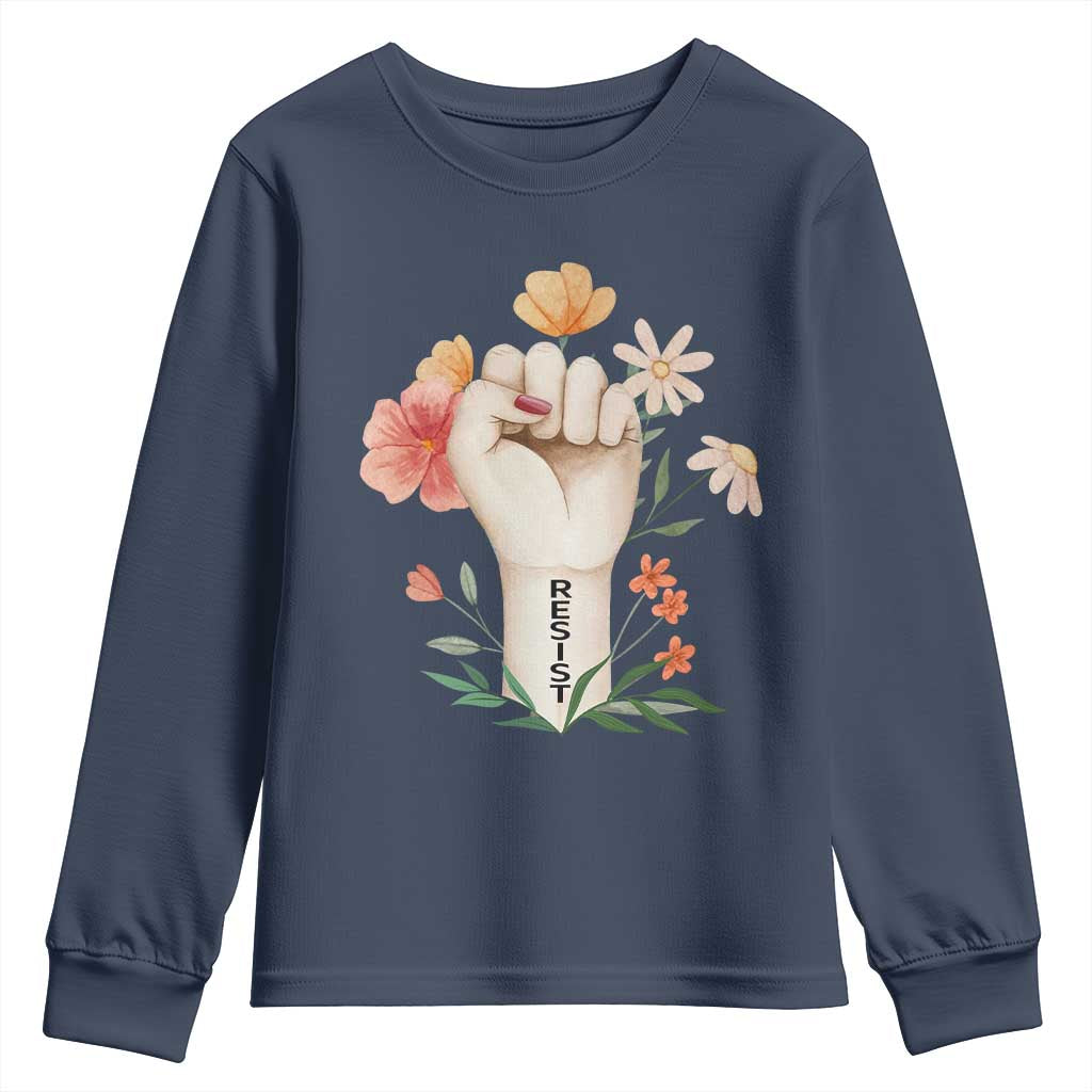 Empowered Women Youth Sweatshirt Resist Raised Fist Retro Boho TS02 Navy Print Your Wear