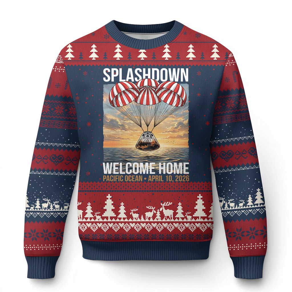 2026 Lunar Mission Splashdown Welcome Home Ugly Christmas Sweater Pacific Ocean April 10 Vintage Capsule Recovery Graphic TS02 Navy Red Print Your Wear