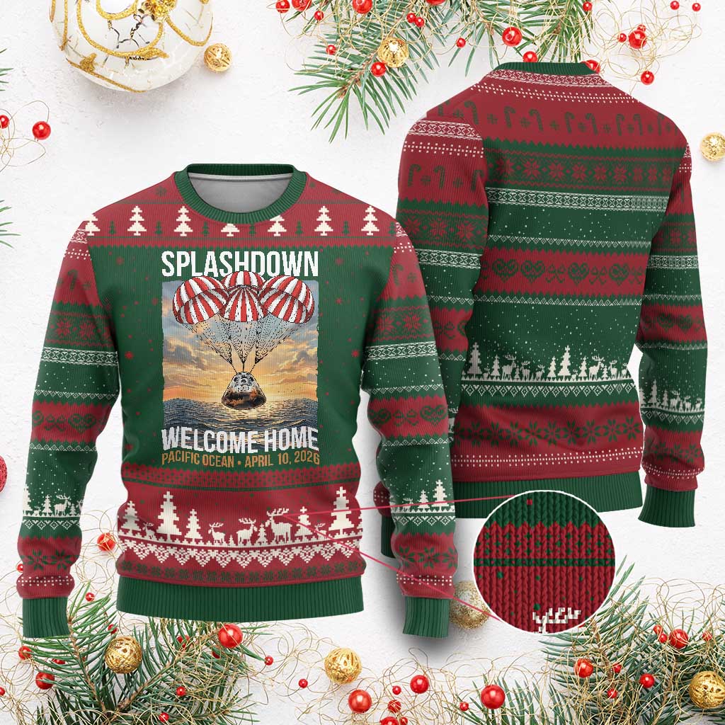2026 Lunar Mission Splashdown Welcome Home Ugly Christmas Sweater Pacific Ocean April 10 Vintage Capsule Recovery Graphic TS02 Red Green Print Your Wear