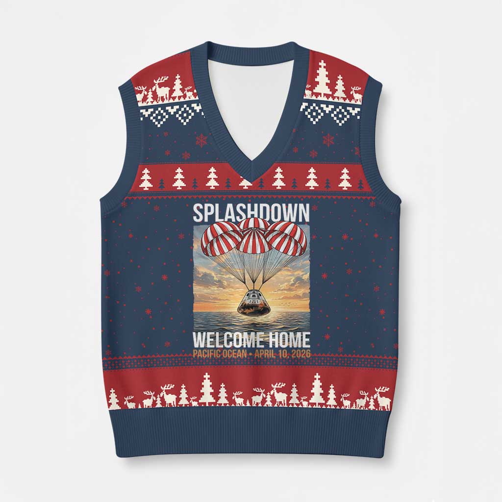 2026 Lunar Mission Splashdown Welcome Home V-Neck Knit Sweater Vest Pacific Ocean April 10 Vintage Capsule Recovery Graphic TS02 Navy Red Print Your Wear