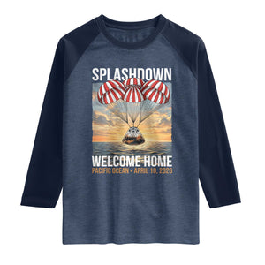 2026 Lunar Mission Splashdown Welcome Home Raglan Shirt Pacific Ocean April 10 Vintage Capsule Recovery Graphic TS02 Heather Denim Navy Print Your Wear