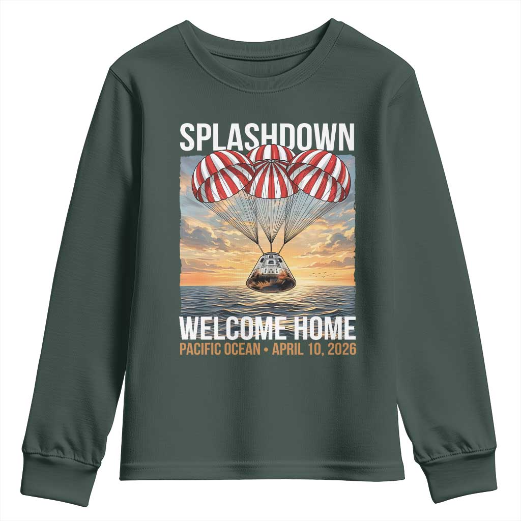 2026 Lunar Mission Splashdown Welcome Home Youth Sweatshirt Pacific Ocean April 10 Vintage Capsule Recovery Graphic TS02 Dark Forest Green Print Your Wear