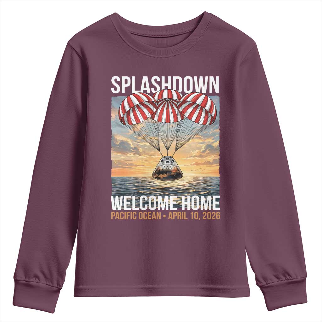 2026 Lunar Mission Splashdown Welcome Home Youth Sweatshirt Pacific Ocean April 10 Vintage Capsule Recovery Graphic TS02 Maroon Print Your Wear