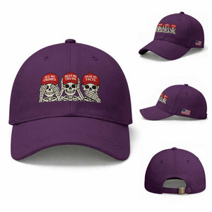 See No Crimes Hear No Truth Speak No Facts Skeletons Baseball Cap Political Satire Three Wise Monkeys Graphic TS02 Baseball Cap Universal Fit Purple Print Your Wear