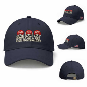 See No Crimes Hear No Truth Speak No Facts Skeletons Baseball Cap Political Satire Three Wise Monkeys Graphic TS02 Baseball Cap Universal Fit Navy Print Your Wear