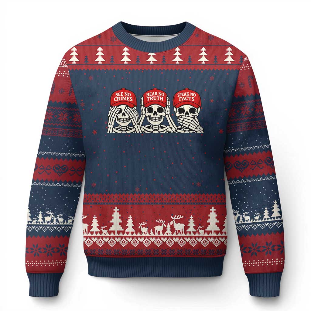 See No Crimes Hear No Truth Speak No Facts Skeletons Ugly Christmas Sweater Political Satire Three Wise Monkeys Graphic TS02 Navy Red Print Your Wear