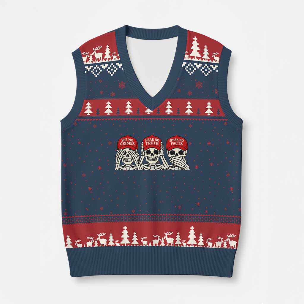 See No Crimes Hear No Truth Speak No Facts Skeletons V-Neck Knit Sweater Vest Political Satire Three Wise Monkeys Graphic TS02 Navy Red Print Your Wear